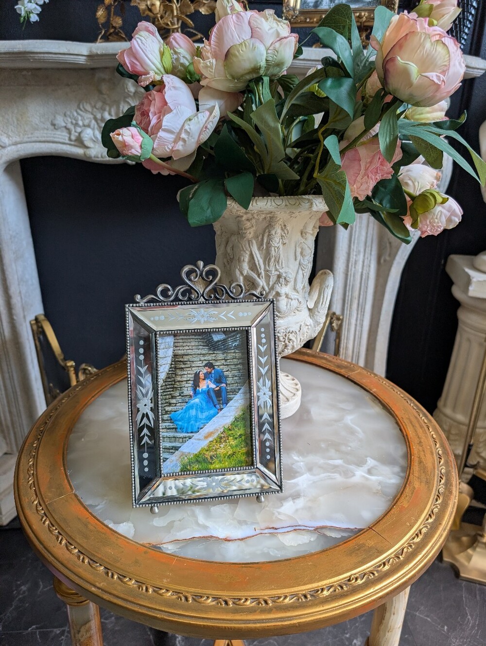Vintage Ornate Italian Venetian-style mirrored tabletop picture frame,  hand-etc